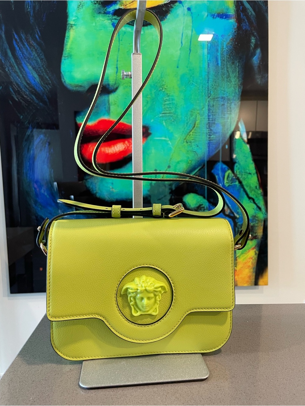 Versace Lime Green Leather Crossbody Bag with Medusa Emblem